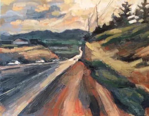 Oil painting of a winding mountain road leading toward distant Boulder Flatirons under warm, cloud-filled sky.