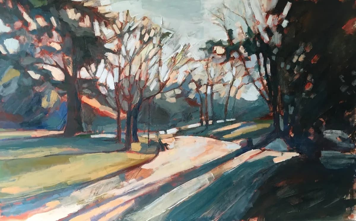 Oil painting of a tree-lined path with dramatic warm sunlight and long shadows casting across the ground.
