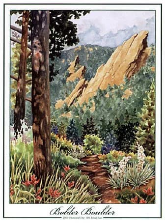Boulder Flatirons rise above ponderosa pines and native wildflowers in this watercolor landscape.
