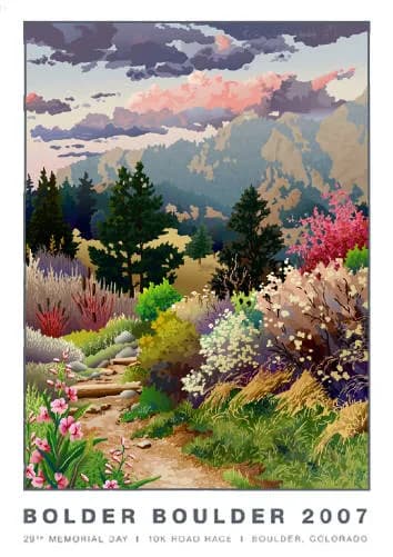 Wildflower garden with flowering shrubs and evergreens overlooking the Boulder Flatirons in oil paint.