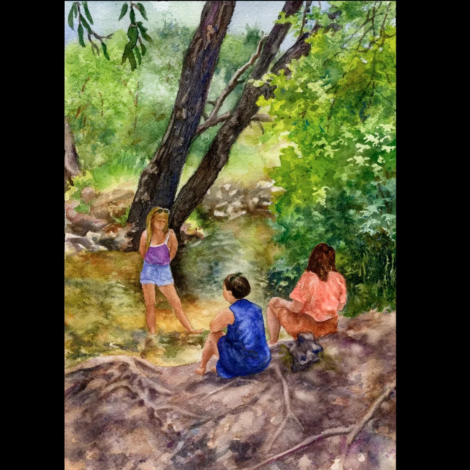 Children play by a large tree near a creek in a sunlit woodland landscape rendered in watercolor.