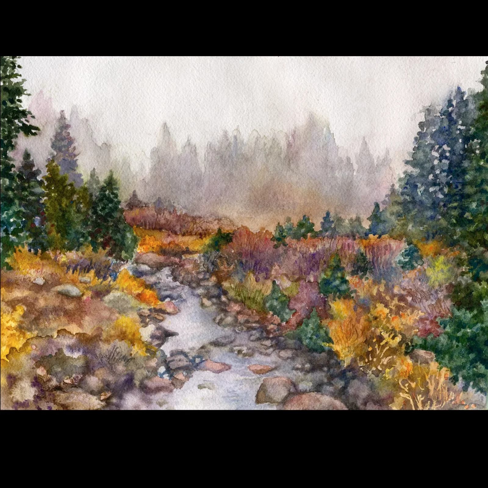 Mountain stream winds through autumn vegetation and coniferous forest under misty peaks in watercolor.