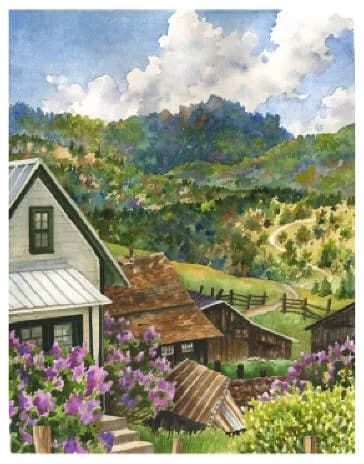 A white farmhouse with purple wildflowers overlooks rolling foothills beneath the Boulder Flatirons in watercolor.