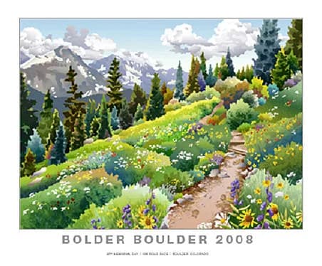 Wildflower-dotted alpine meadow with trail winding toward the Boulder Flatirons and snowy peaks beyond.