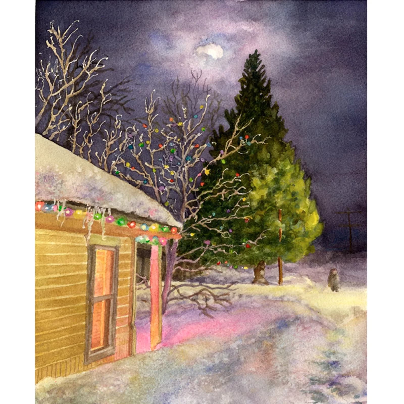 A cabin glows beneath moonlight in a snowy winter landscape with bare and evergreen trees in watercolor.