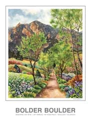 Garden scene beneath the Boulder Flatirons with blooming wildflowers and trees in watercolor.