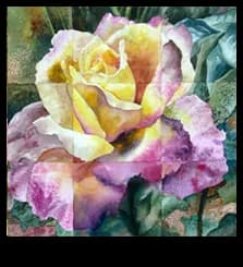 Soft-focus yellow and pink rose rendered in watercolor with loose brushwork and blended color.