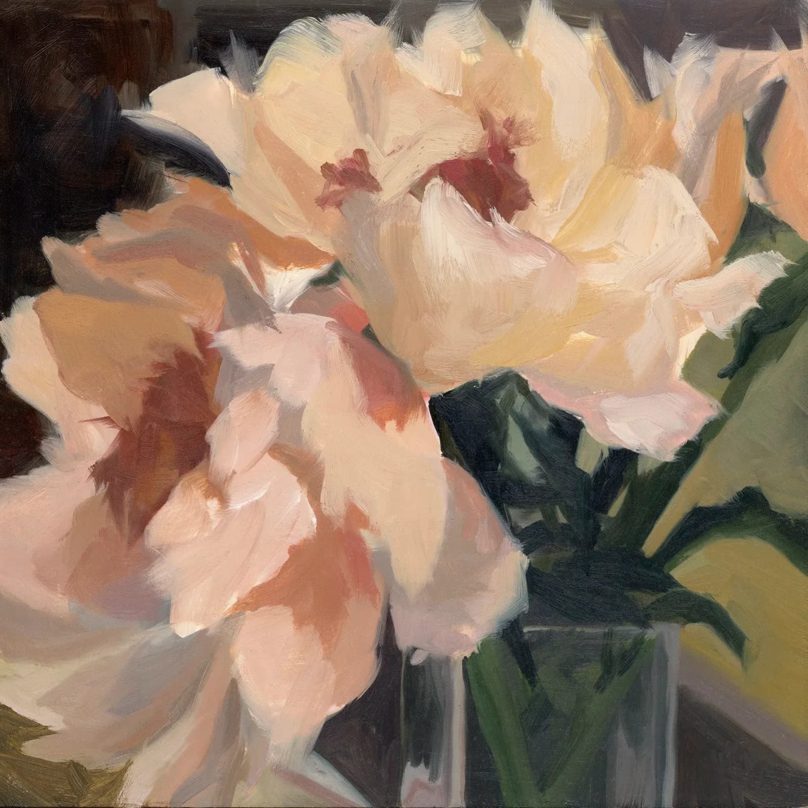 Cream and pink peonies in a clear glass vase, rendered in soft oil paint with warm, diffused light.