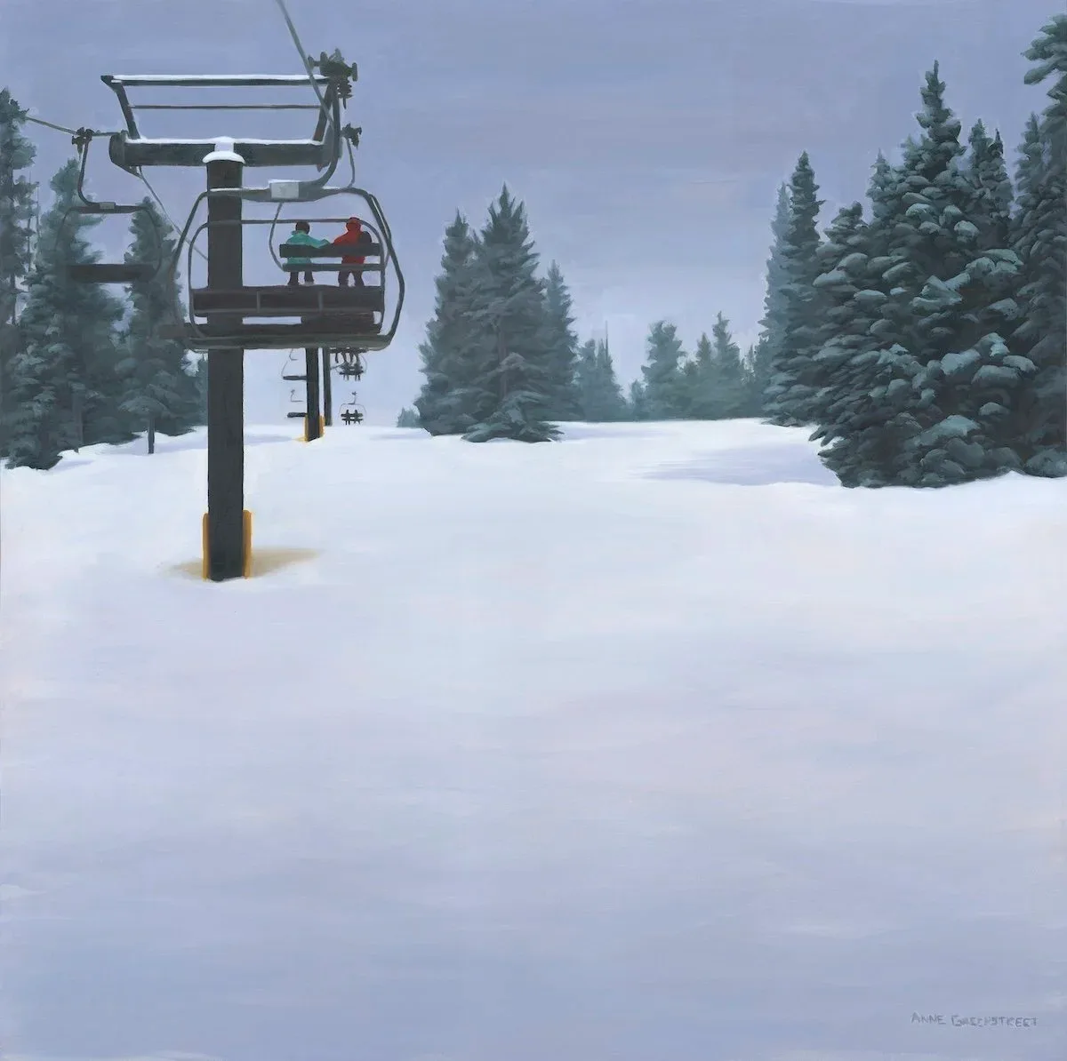 A chairlift and snow-covered evergreen forest under a pale winter sky, rendered in oil paint.