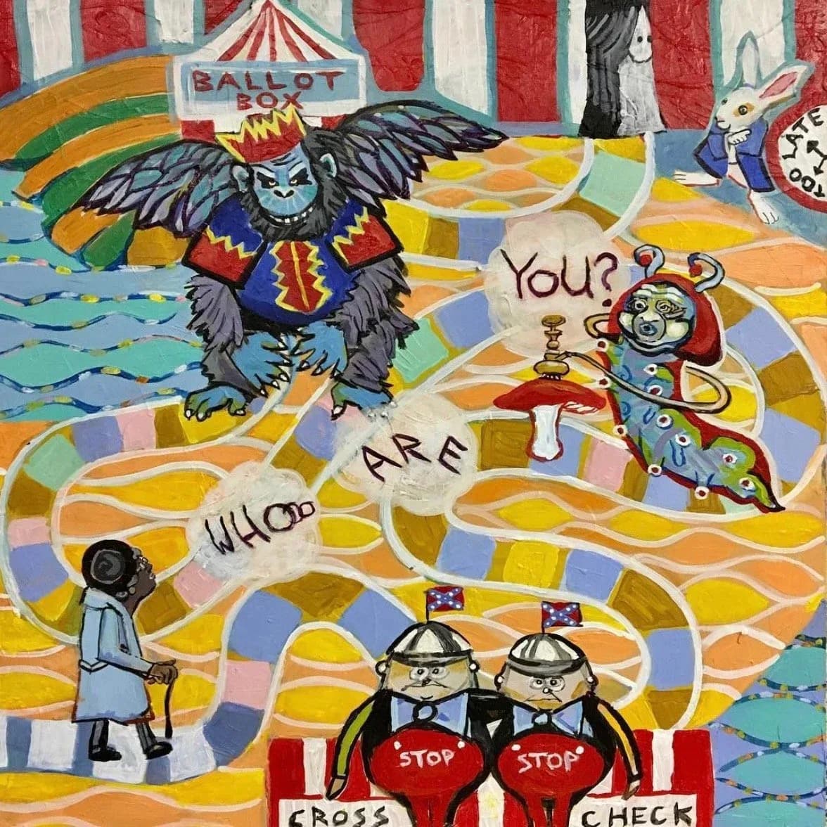 A surreal, whimsical game board scene with fantastical creatures, a ballot box, and political narrative elements rendered in mixed media.