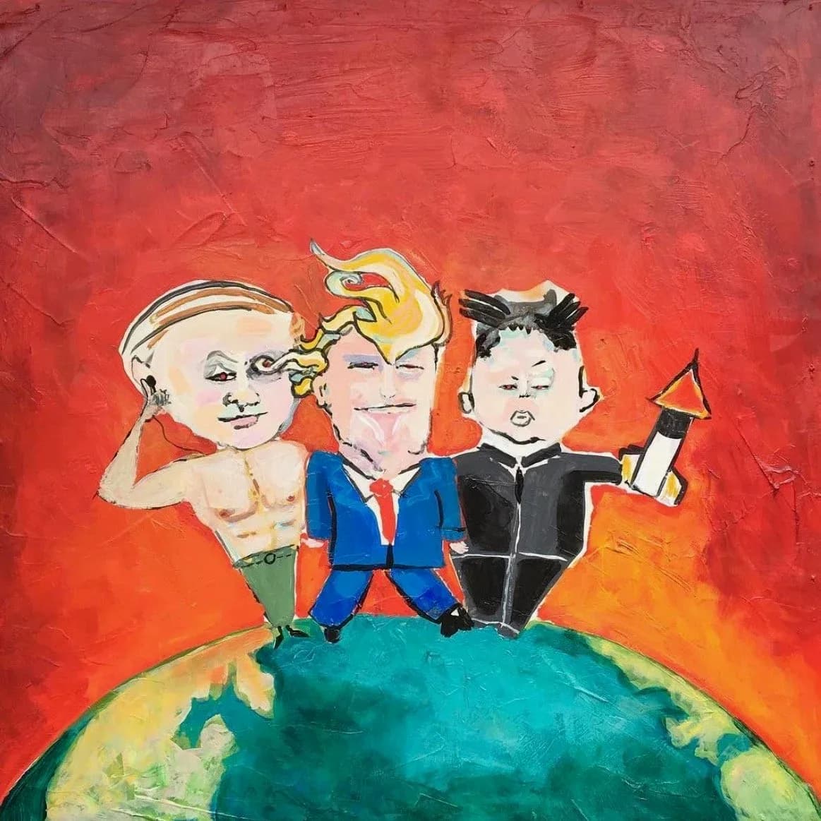 Three caricatured political figures stand atop a globe against a vivid red background in acrylic.