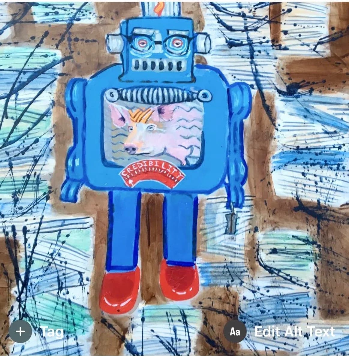 A blue mixed-media robot with a pig portrait in its chest, rendered in ink and collage on textured paper.