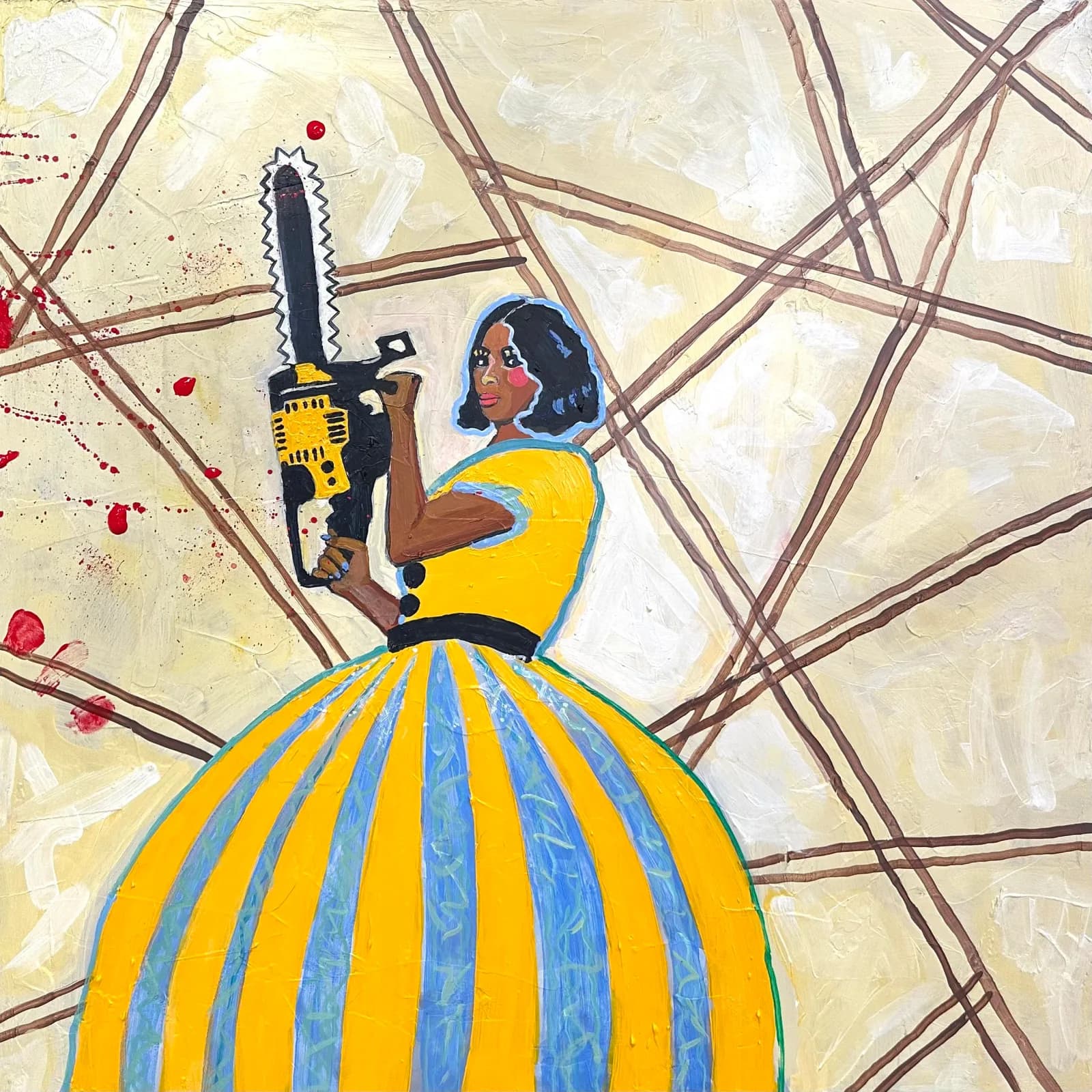 A woman in a yellow-and-blue striped dress wields a chainsaw against an abstract brown-lined background.