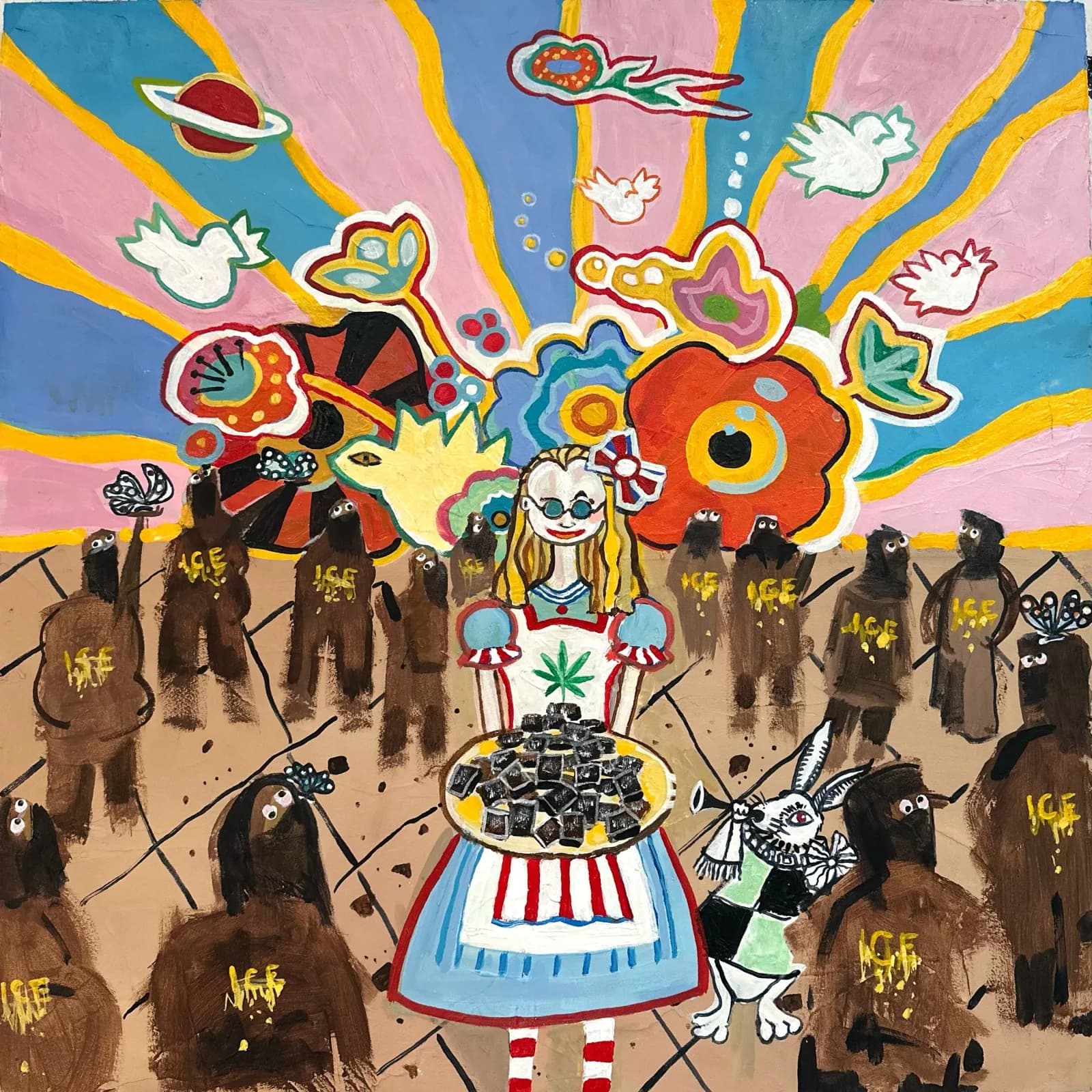 A surreal clown figure surrounded by a crowd of brown figures beneath vibrant, swirling celestial forms and blooming flowers.