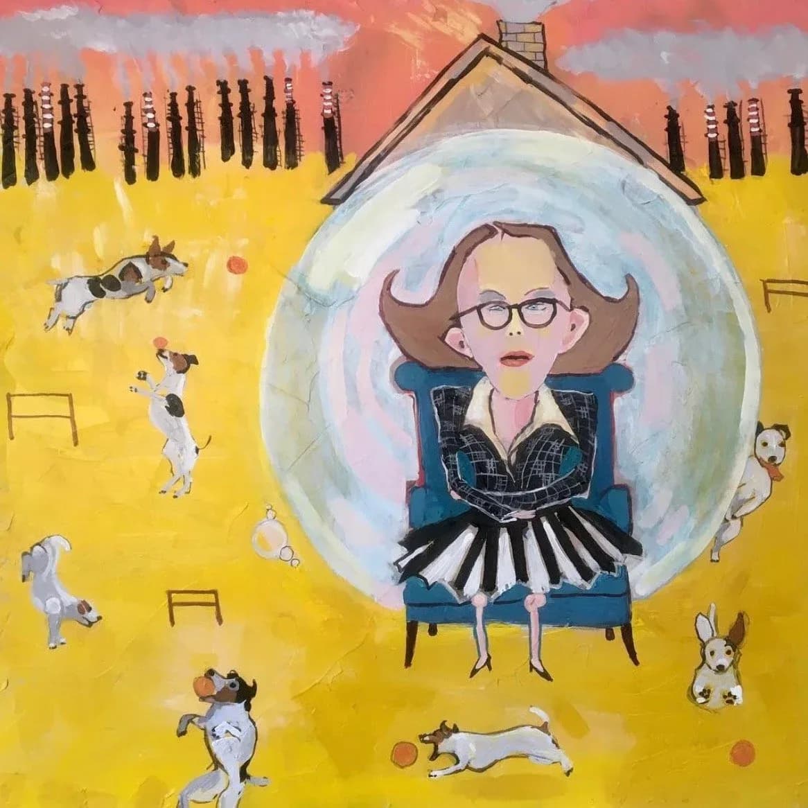 Woman with glasses in a transparent sphere surrounded by playful dogs in a yellow interior with poplar trees.