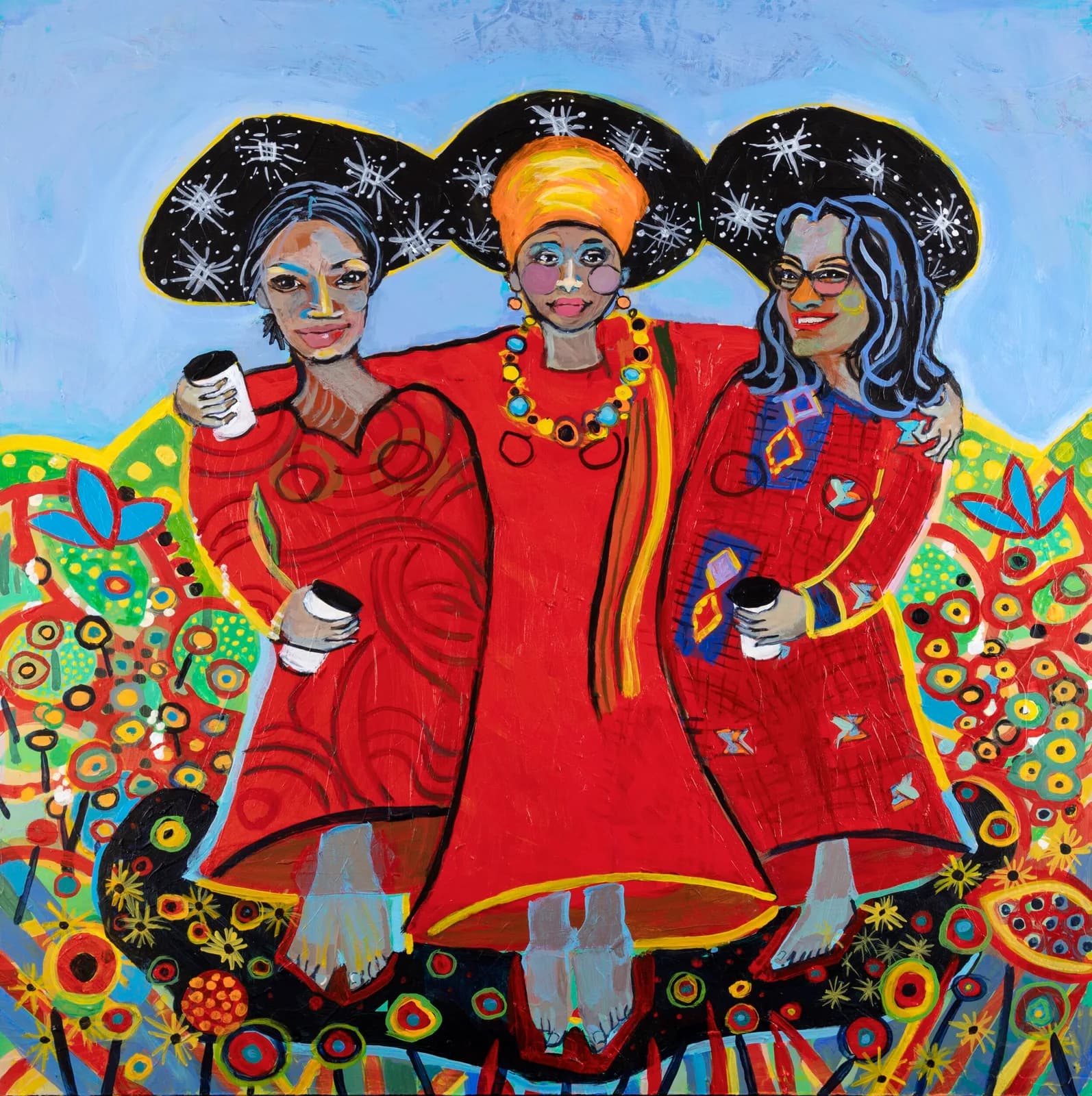 Three figures in bold red garments and oversized hats amid colorful floral abundance, acrylic painting.