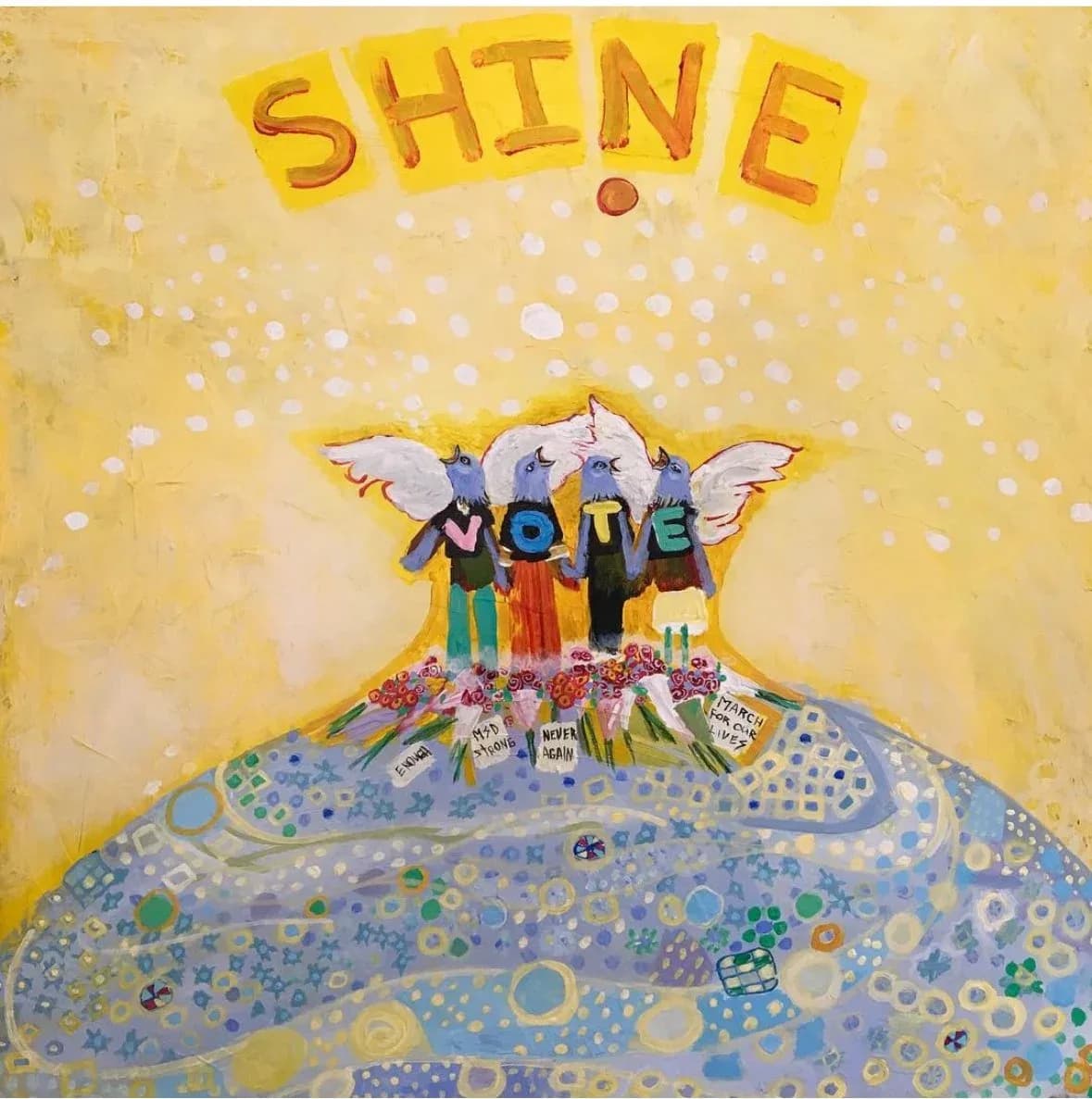 A stylized cow with outstretched wings stands atop an earth sphere beneath the word SHINE in acrylic paint.