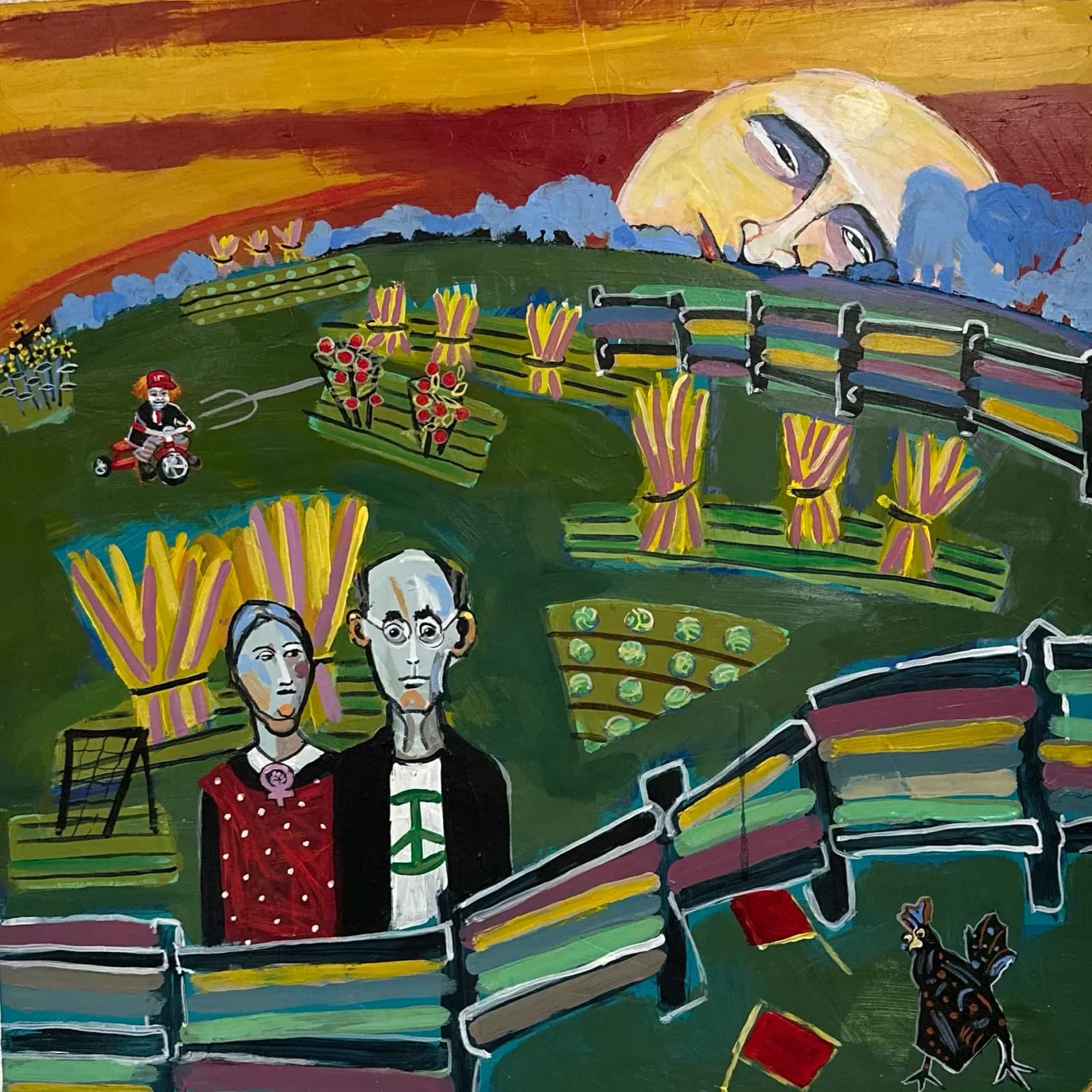 Rural farm landscape with two figures, hay bales, and fencing rendered in bright acrylic with folk-art style.
