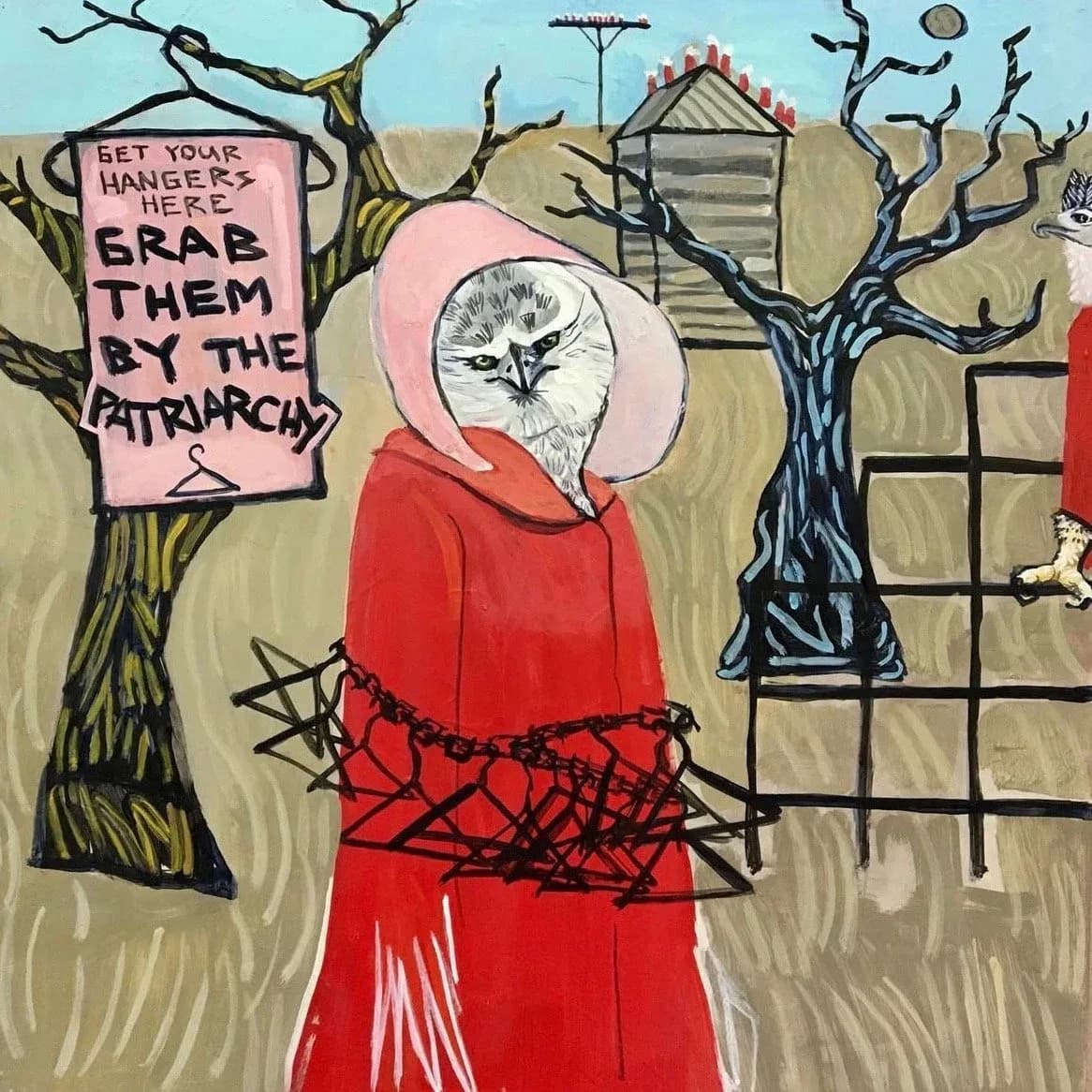 A figure with a bird head in red clothing stands amid bare trees and a political sign in this ink and watercolor drawing.