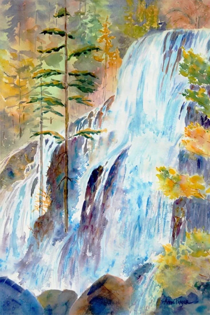 A multi-tiered waterfall flowing through an autumn forest with golden larch and blue rocks rendered in watercolor.