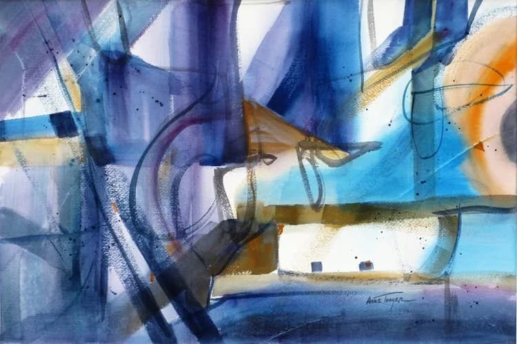 Abstract watercolor painting featuring translucent blue, orange, and purple layers with flowing organic forms.