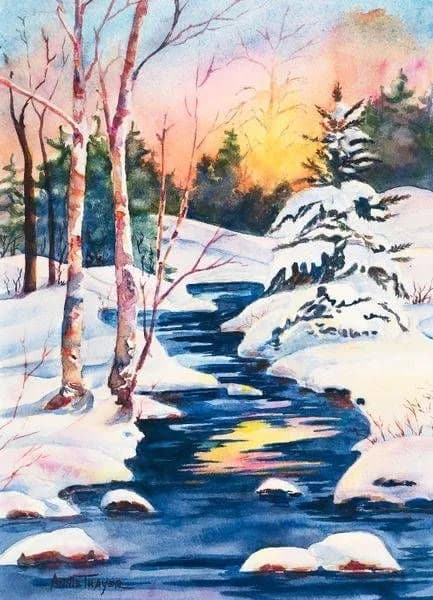 Watercolor winter landscape with a flowing stream, birch trees, and golden sunset reflecting on snow and water.