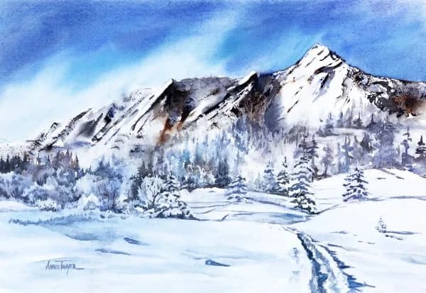Snow-covered Boulder Flatirons rise above a winter forest and frozen meadow in watercolor.