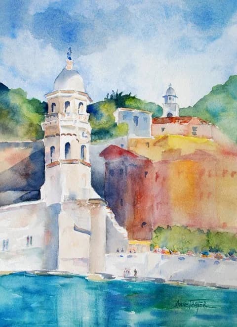 Watercolor painting of a white tower and coastal fortification overlooking turquoise water.