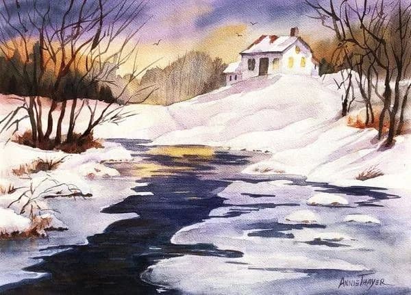 A snow-covered landscape with a winter stream and farmhouse in the distance, rendered in watercolor.