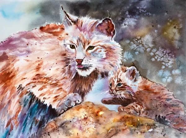 A watercolor painting depicts a lynx and kitten on rocky terrain in muted earth and cool tones.