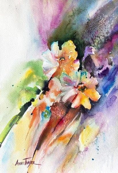 Watercolor painting of colorful daisies with loose, flowing brushwork and vibrant washes.