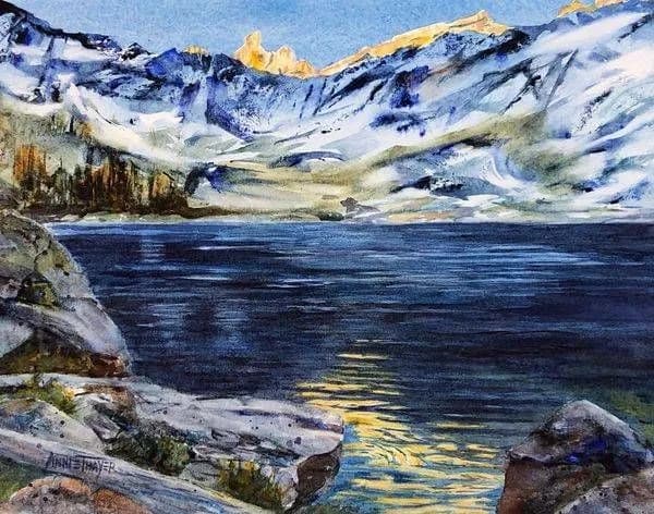Alpine landscape with snowy peaks reflecting in a deep blue glacial lake, rendered in watercolor.