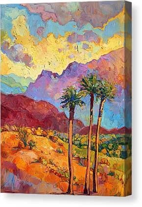 Desert landscape with two palm trees beneath a vibrant, cloud-streaked sky rendered in oil paint.