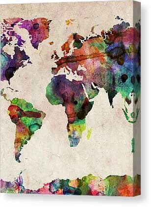 Watercolor world map in vibrant multicolored washes on a textured cream paper background.