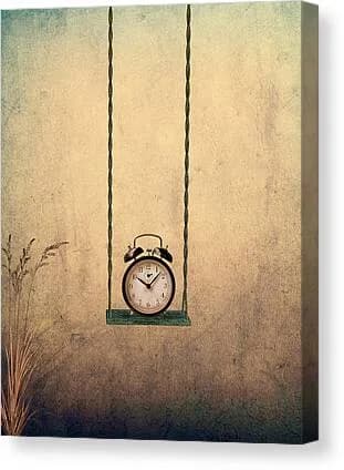 An alarm clock suspended on a swing hangs against a faded, textured wall.