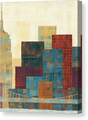 Abstract composition of layered geometric blocks in warm and cool earth tones suggesting an urban skyline.