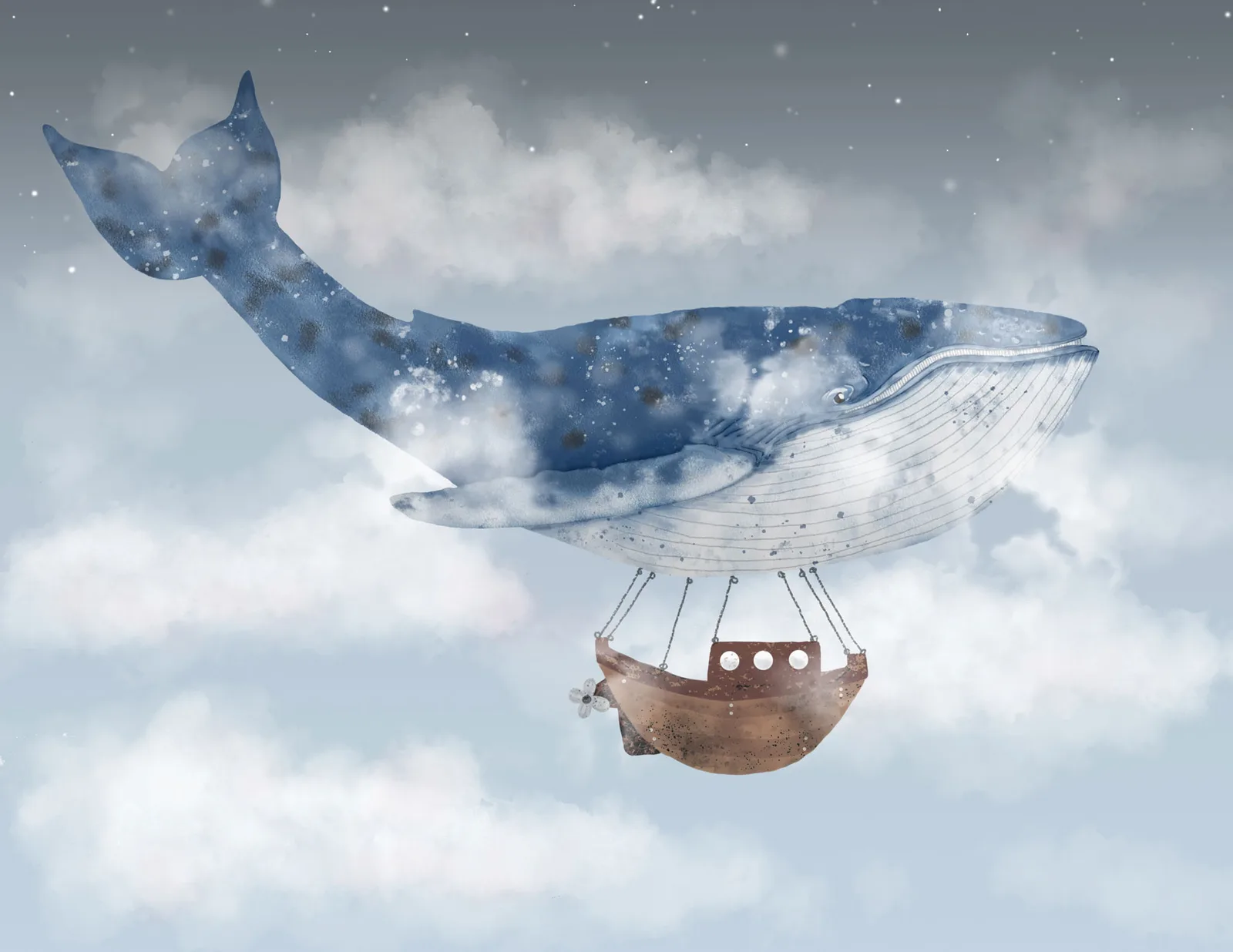 A whale floats through clouds carrying a rustic airship, its body filled with stars and sky.