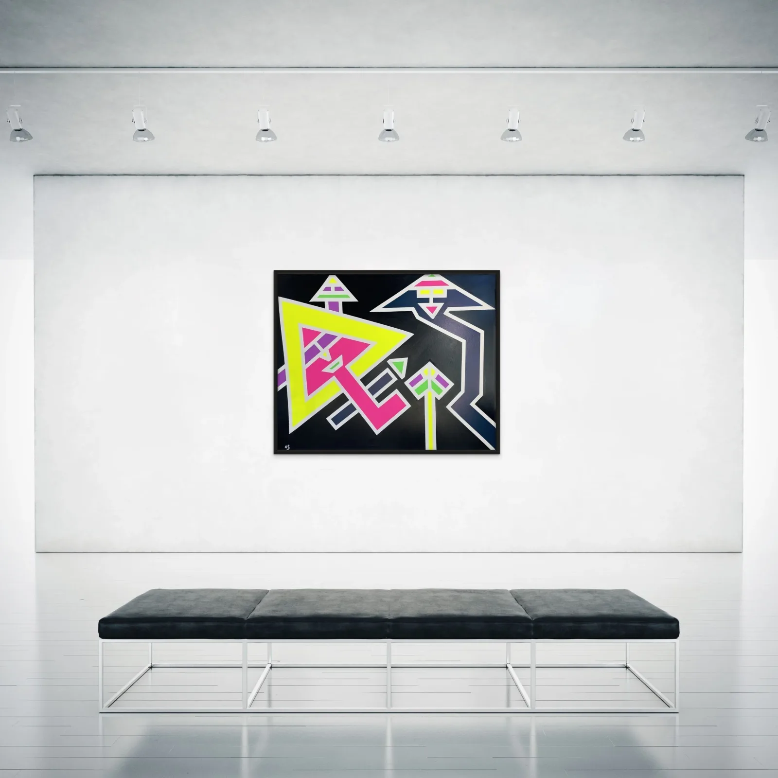 Abstract geometric composition with neon yellow and magenta shapes on black ground, acrylic on panel.