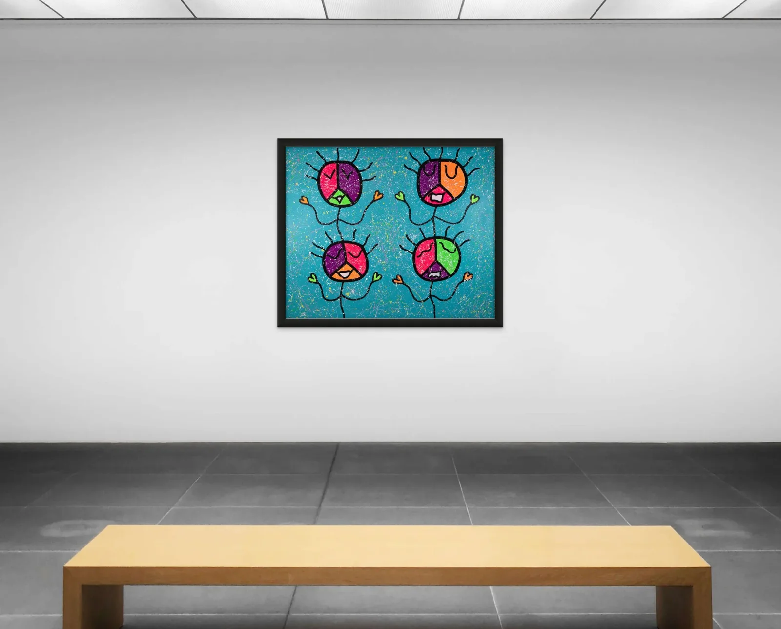 Four whimsical flower characters with multicolored segmented faces against turquoise background, acrylic on canvas.
