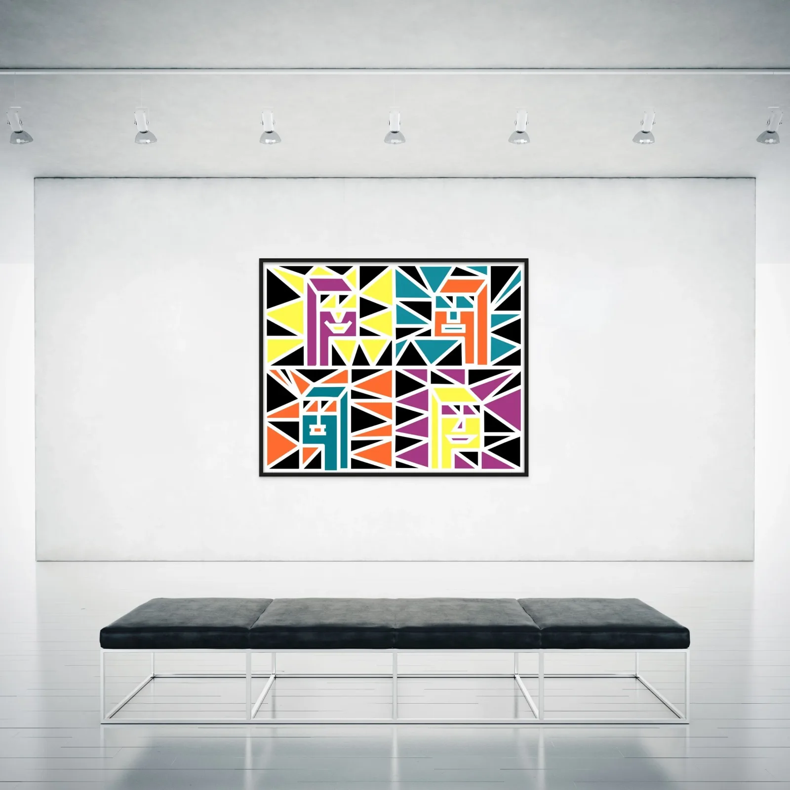 Geometric abstract composition with bold, fragmented letterforms and vibrant color blocking in black, yellow, teal, orange, and purple.