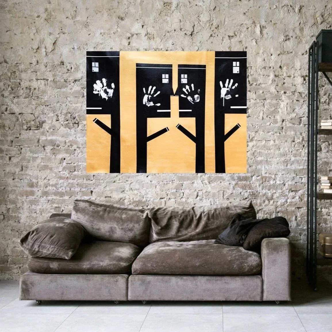 Black and gold mixed-media composition with stylized human handprints and geometric window forms.