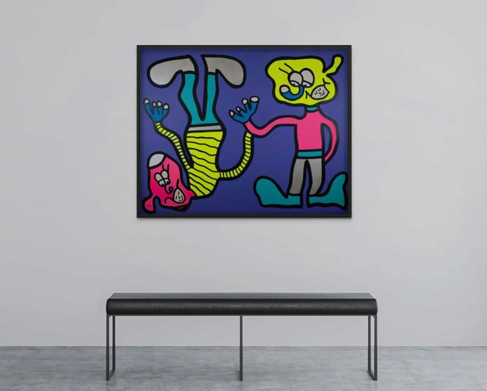 Expressive figurative painting with bold neon yellow, pink, and teal forms outlined in black on deep blue ground.
