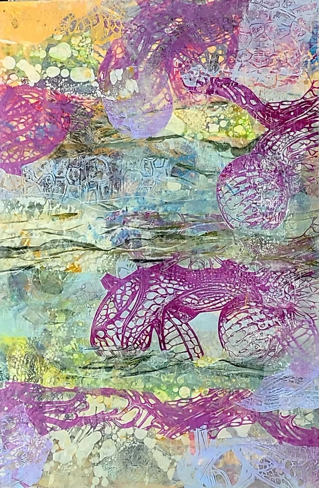 Layered abstract composition combining watercolor washes, ink marks, and translucent overlays in magenta, yellow, and blue.