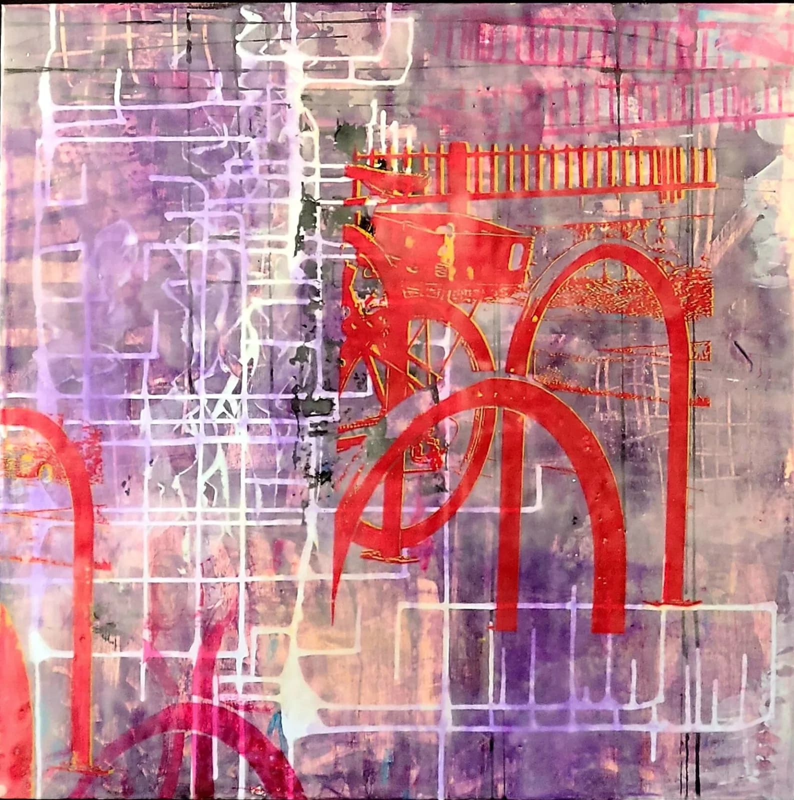 Layered abstract composition combining architectural line drawings and red arches with purple and pink washes.