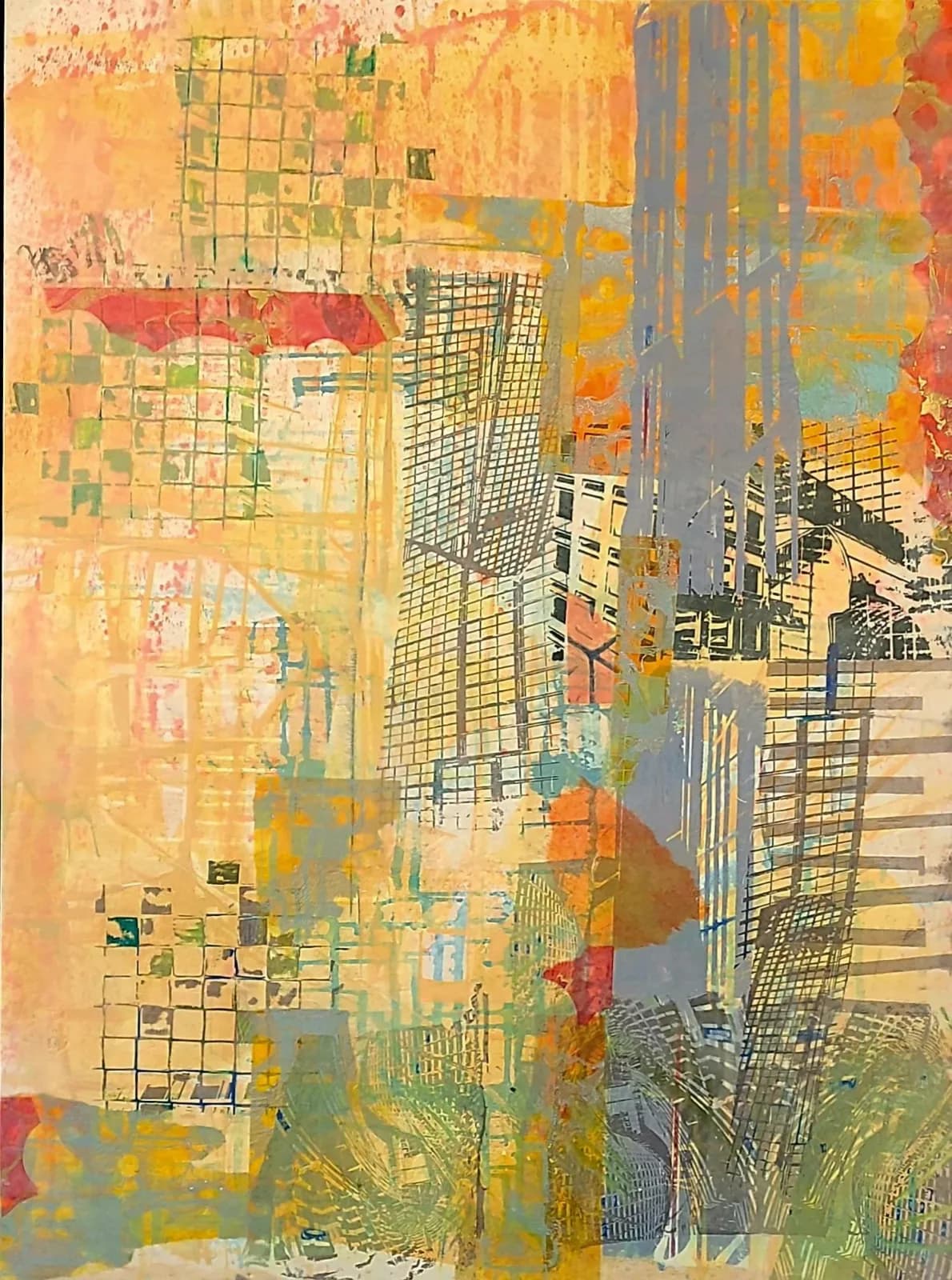 Abstract composition layering geometric grid patterns, architectural fragments, and warm ochre tones.