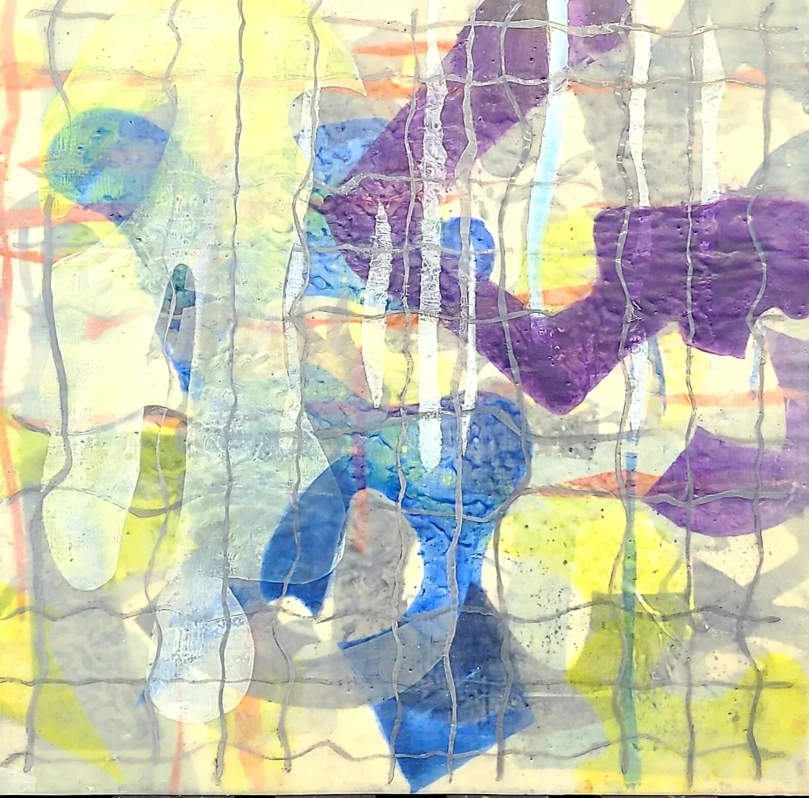 Abstract painting with layered washes of yellow, blue, and purple beneath a grid of organic vine-like lines.