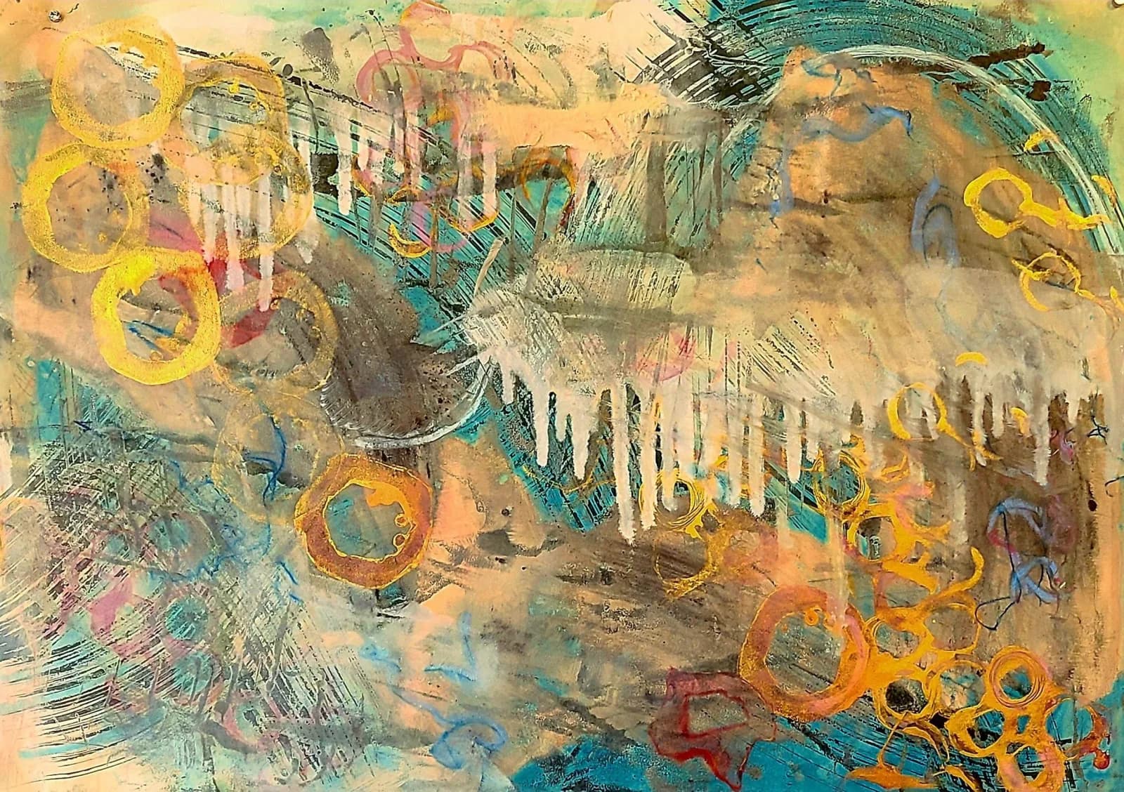 Abstract mixed-media composition with layered circles, gestural marks, and warm earth tones.
