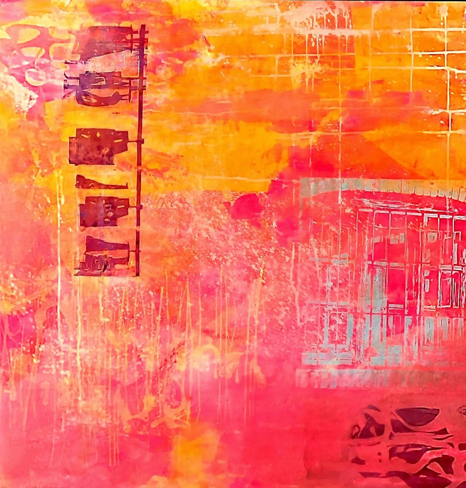 Abstract mixed-media composition combining thermal imaging and architectural fragments in vibrant reds, oranges, and yellows.