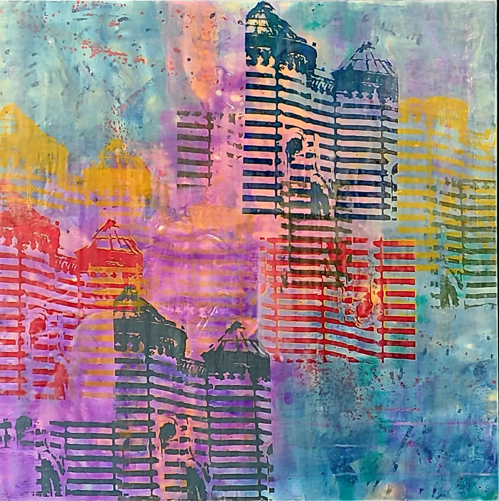 Layered abstract cityscape with multicolored high-rise buildings rendered in acrylic and mixed media.