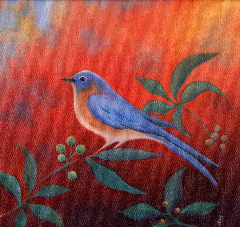 A blue bird with orange-rust breast perches among stylized green foliage on a warm red-orange background.